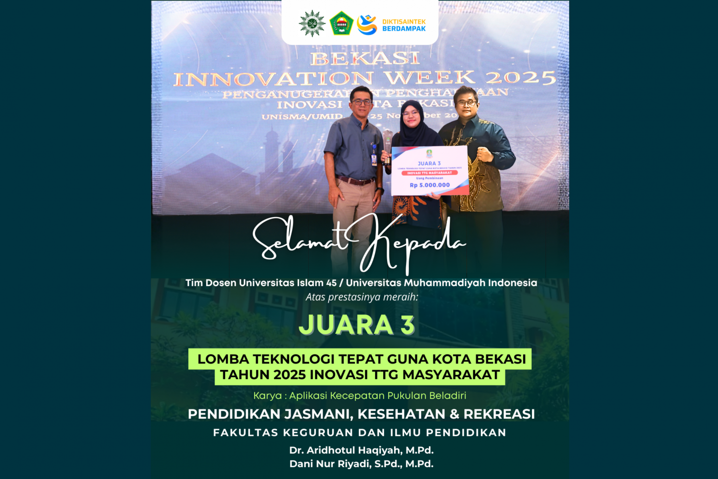 Tim Dosen Pendidikan Jasmani Kesehatan dan Rekreasi (PJKR) UNISMA Bekasi/UM.ID Raih Juara 3 TTG Kota Bekasi 2025 Lewat Inovasi Aplikasi Kecepatan Pukulan Beladiri